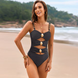 Solid Color Patchwork Metal Button One-Piece Swimsuit