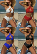 Solid Color Accessories Sexy High Waist Halter Two Pieces Bikini Swimsuit
