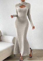 Elegant Solid Color Hollow Long Sleeve Fishtail Long Dress