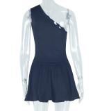Women's Elegant Irregular Slash Shoulder Solid Color A-Line Sleeveless Ruffle Short Dress