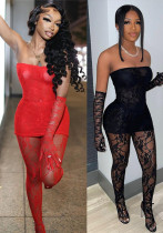 Women Sexy Lace Strapless Top Stockings Pants 2-piece Set Women Sexy Lace Strapless Top Stockings Pants 2-piece Set