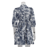 Spring And Autumn Print Puff Sleeve Turndown Collar Elegant Shirt Dress