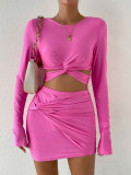 Women's Short Long-Sleeved T-Shirt Elastic Waist Bodycon Short Skirt Two-Piece Set