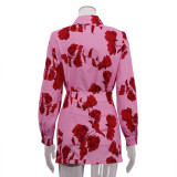 Fashion Print Turndown Collar Long Sleeve Shirt High Waist Split Short Skirt Two Piece Set