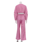 Fashion Women's Long Sleeve Hollow Ripped Top Wide Leg Pants Two Piece Set