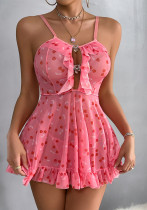 Women Printed Suspender Hollow Suspender Nightdress See-Through Sexy Lingerie Set