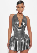 Women metallic v-neck sexy backless lace-up pleated dress