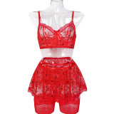 Women Red Lace See-Through Sexy Lingerie Set