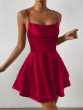 Women Spring Summer Sexy Backless Suspender Satin Lotus Leaf Dress