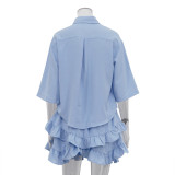 Turndown Collar Short Sleeve Shirt Fashion Ruffled Cake Skirt Two Piece Set
