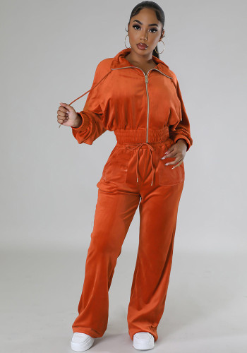 Women Casual Velvet Long Sleeve Zipper Jacket Pants Sports Two-piece Set