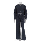 Fashion Women's Long Sleeve Hollow Ripped Top Wide Leg Pants Two Piece Set