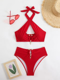 Solid Color Accessories Sexy High Waist Halter Two Pieces Bikini Swimsuit