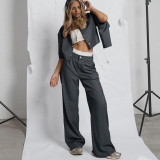 Fashion Women's Long Sleeve Hollow Ripped Top Wide Leg Pants Two Piece Set