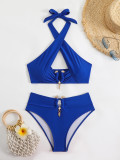 Solid Color Accessories Sexy High Waist Halter Two Pieces Bikini Swimsuit