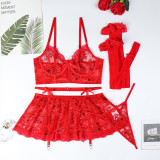 Women Red Lace See-Through Sexy Lingerie Set