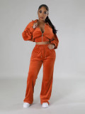 Women Casual Velvet Long Sleeve Zipper Jacket Pants Sports Two-piece Set