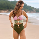 Solid Color Patchwork Metal Button One-Piece Swimsuit
