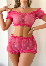 Women Sexy Mesh Heart Print Valentine's Day See-Through Sexy Underwear Two-Piece Set