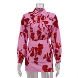 Fashion Print Turndown Collar Long Sleeve Shirt High Waist Split Short Skirt Two Piece Set