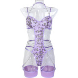 Women Leaf Embroidery Metal Hollow Chain Halter Neck Cross Sexy Bodysuit