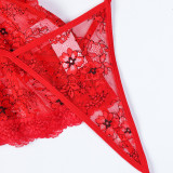 Women Red Lace See-Through Sexy Lingerie Set