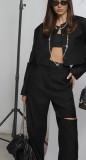 Fashion Women's Long Sleeve Hollow Ripped Top Wide Leg Pants Two Piece Set