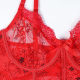 Women Red Lace See-Through Sexy Lingerie Set