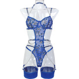 Women Leaf Embroidery Metal Hollow Chain Halter Neck Cross Sexy Bodysuit