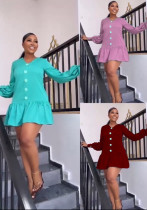 Women Casual U-neck Solid Long Sleeve Lace-Up Pleated Dress