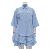Turndown Collar Short Sleeve Shirt Fashion Ruffled Cake Skirt Two Piece Set
