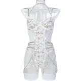 Women Leaf Embroidery Metal Hollow Chain Halter Neck Cross Sexy Bodysuit