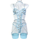 Women Leaf Embroidery Metal Hollow Chain Halter Neck Cross Sexy Bodysuit