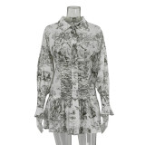 Spring And Autumn Print Lantern Sleeve Turndown Collar Tie Shirt Dress