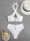 Solid Color Accessories Sexy High Waist Halter Two Pieces Bikini Swimsuit