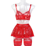 Women Red Lace See-Through Sexy Lingerie Set