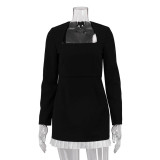 Elegant Contrast Color Patchwork Black Long Sleeve Square Collar High Waist Dress