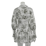 Spring And Autumn Print Lantern Sleeve Turndown Collar Tie Shirt Dress