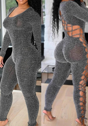 Women Fall Casual Sexy Hollow Lace Long Sleeve Jumpsuit