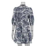 Spring And Autumn Print Puff Sleeve Turndown Collar Elegant Shirt Dress