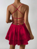 Women Spring Summer Sexy Backless Suspender Satin Lotus Leaf Dress