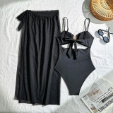 Solid Color Sexy Mesh Long Skirt Two-Piece Bikini Swimsuit