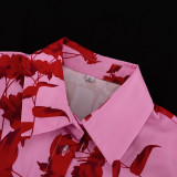 Fashion Print Turndown Collar Long Sleeve Shirt High Waist Split Short Skirt Two Piece Set