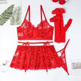 Women Red Lace See-Through Sexy Lingerie Set