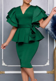 Women elegant ruffled solid bodycon formal party dress