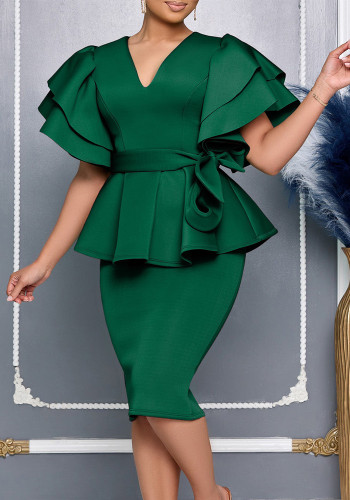 Women elegant ruffled solid bodycon formal party dress