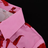Fashion Print Turndown Collar Long Sleeve Shirt High Waist Split Short Skirt Two Piece Set
