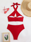Solid Color Accessories Sexy High Waist Halter Two Pieces Bikini Swimsuit