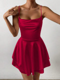 Women Spring Summer Sexy Backless Suspender Satin Lotus Leaf Dress