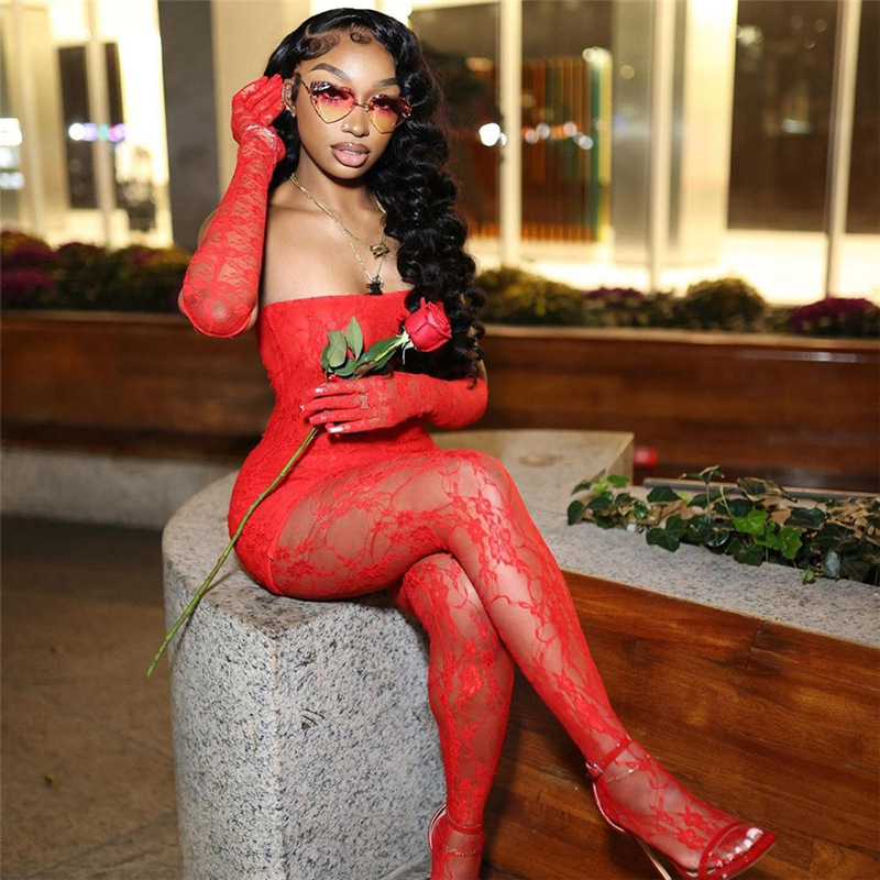 Women Sexy Lace Strapless Top Stockings Pants 2-piece Set